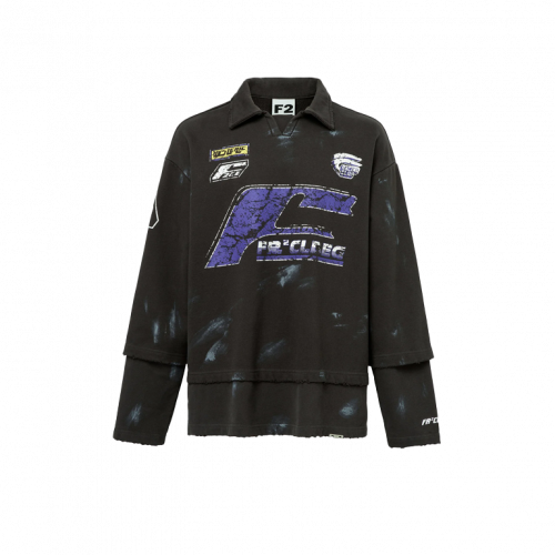 FIRE 2 COLD EGO Fake Two Piece Frayed Racing Polo Sweatshirt