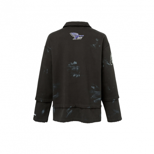 FIRE 2 COLD EGO Fake Two Piece Frayed Racing Polo Sweatshirt
