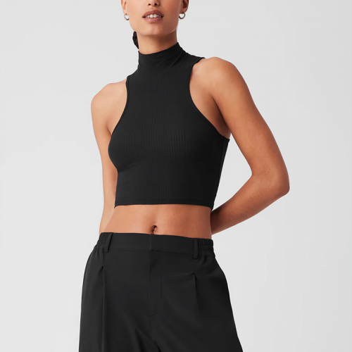 Alo Yoga Ribbed Sea Coast Cropped Turtleneck Tank Black
